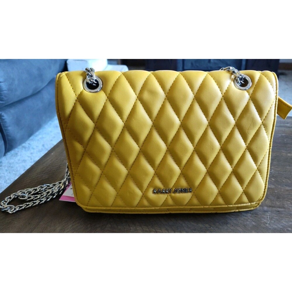 Sassy Jones Mustard Yellow Quilted/Puffer Crossbody Bag Silver Chain Strap Zip